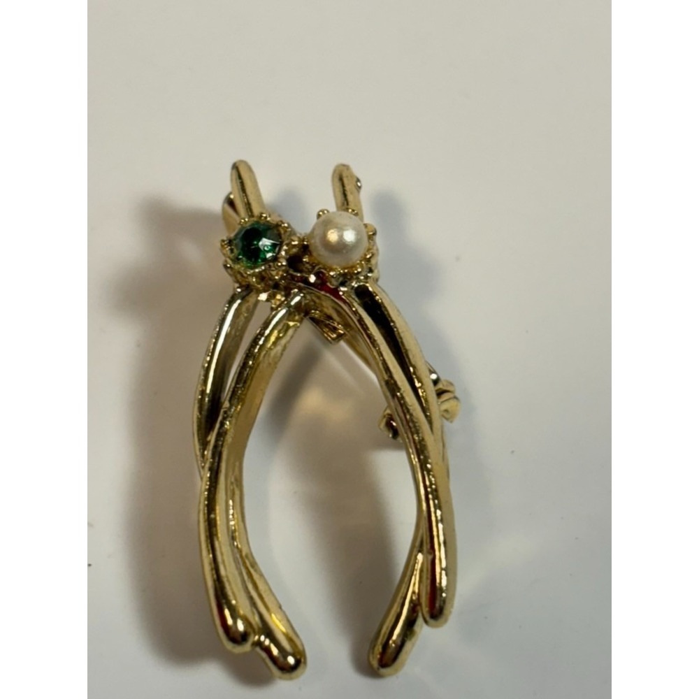Vintage Brooch Lucky Wish Bone Faux Pearl Green Rhinestone
